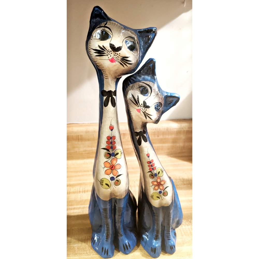 Rare Vintage Pair Hand Painted Paper Mache Cats Si